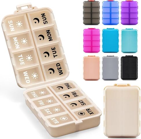 Foldable Weekly Pill Organizer 2 Times a Day with 2 Extra Compartments (Clear Printed Labels) - Portable 7 Day AM PM Medicine Box, Week Daily Travel Pill Case Holder for Vitamin, Supplement - Khaki in Saudi Arabia