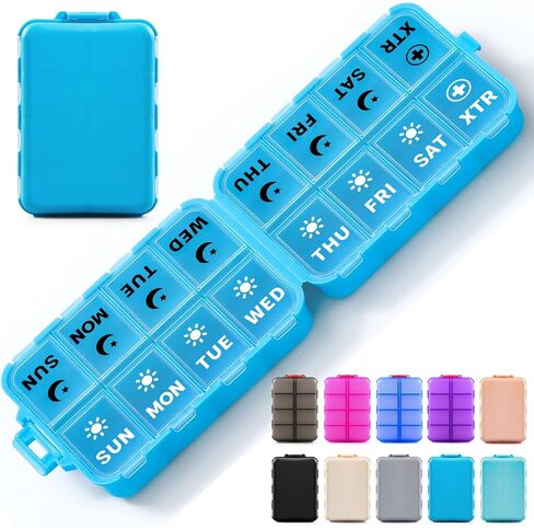 Foldable Weekly Pill Organizer 2 Times a Day with 2 Extra Compartments (Clear Printed Labels) - Portable 7 Day AM PM Medicine Box, Week Daily Travel Pill Case Holder for Vitamin, Supplement - Khaki in Saudi Arabia