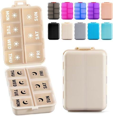 Foldable Weekly Pill Organizer 2 Times a Day with 2 Extra Compartments (Clear Printed Labels) - Portable 7 Day AM PM Medicine Box, Week Daily Travel Pill Case Holder for Vitamin, Supplement - Khaki in Saudi Arabia