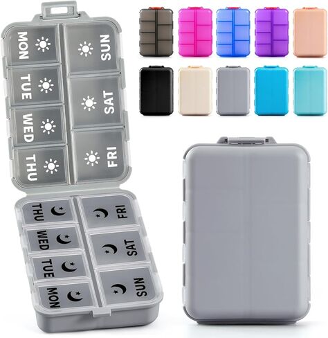 Foldable Weekly Pill Organizer 2 Times a Day with 2 Extra Compartments (Clear Printed Labels) - Portable 7 Day AM PM Medicine Box, Week Daily Travel Pill Case Holder for Vitamin, Supplement - Khaki in Saudi Arabia