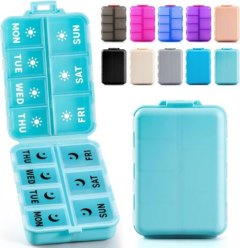 Foldable Weekly Pill Organizer 2 Times a Day with 2 Extra Compartments (Clear Printed Labels) - Portable 7 Day AM PM Medicine Box, Week Daily Travel Pill Case Holder for Vitamin, Supplement - Khaki in Saudi Arabia
