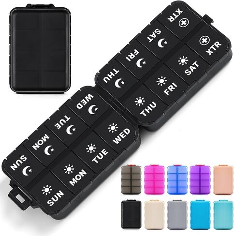 Foldable Weekly Pill Organizer 2 Times a Day with 2 Extra Compartments (Clear Printed Labels) - Portable 7 Day AM PM Medicine Box, Week Daily Travel Pill Case Holder for Vitamin, Supplement - Khaki in Saudi Arabia