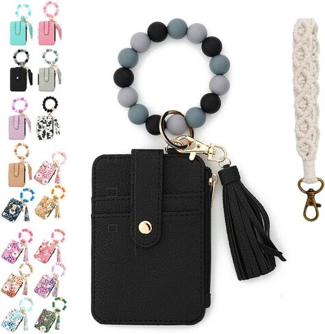 Boho Style Beaded Tassel Keychain Wallet,Women's Boho Beaded Wallet,Wristlet Bracelet Wrist Purse Flower Chain (Black) in Saudi Arabia