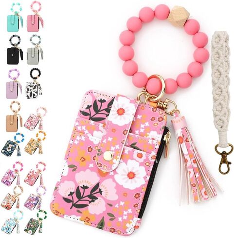 Boho Style Beaded Tassel Keychain Wallet,Women's Boho Beaded Wallet,Wristlet Bracelet Wrist Purse Flower Chain (Black) in Saudi Arabia