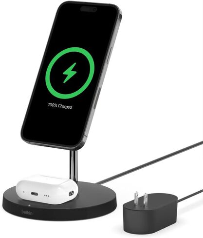 حامل شحن لاسلكي Belkin MagSafe 2 في 1 لأجهزة Apple iPhone 16 وiPhone 15 وiPhone 14 وiPhone 13 Series & AirPods - محطة شحن سريعة MagSafe لأجهزة متعددة - أبيض (تم تجديده معتمد) in Saudi Arabia