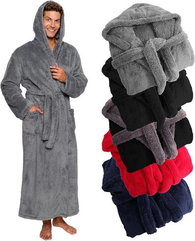 Ross Michaels Mens Robe Hooded Sherpa Big and Tall - Long Plush Spa Bath Robe with Hood and Pockets - Gifts Men Black in Kuwait