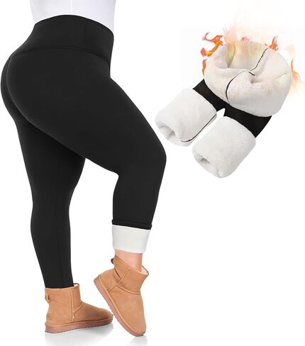 Plus Size Fleece Lined Leggings Women - Thick Soft Black Tummy Control Thermal Warm Velvet Winter Pants for Women in Saudi Arabia