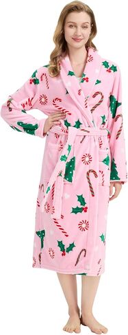 Women's Premium Plush Long Soft Cozy Robe，Cute Partern， Warm Fleece Shawl Bathrobe with Pockets in Saudi Arabia