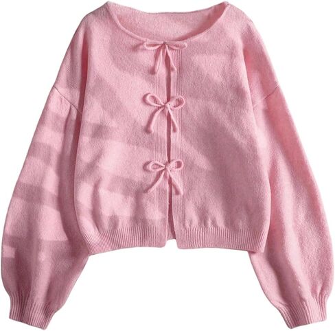 Girl's Tie Front Cardigan Sweaters Y2k Bowknot Long Sleeve Crew Neck Knitwear in Saudi Arabia