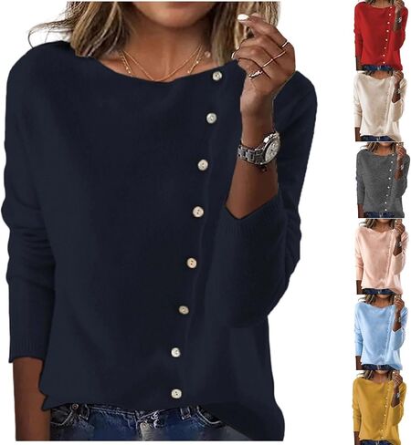 الخريف البلوزات للنساء العصرية عادية كم طويل زر بلوزة فضفاضة Crewneck متماسكة كنزة بمقاس كبير سترة علوية in Kuwait