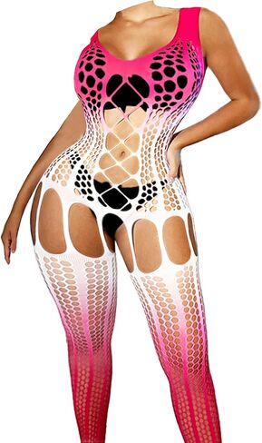 Women's Fishnet Bodysuit Lingerie– Sexy Plus Size Mesh Bodysuit, Pink to White Ombre, One Size in Saudi Arabia