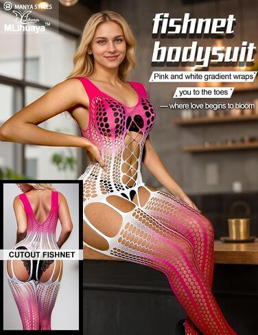 Women's Fishnet Bodysuit Lingerie– Sexy Plus Size Mesh Bodysuit, Pink to White Ombre, One Size in Saudi Arabia