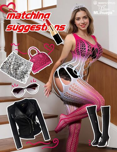 Women's Fishnet Bodysuit Lingerie– Sexy Plus Size Mesh Bodysuit, Pink to White Ombre, One Size in Saudi Arabia