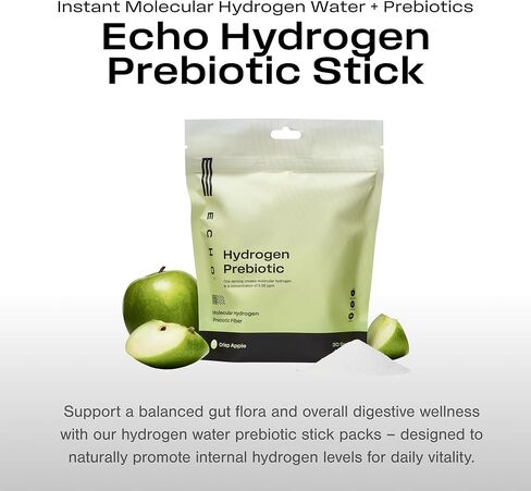 Echo Hydrogen Prebiotic Drink Mix - Digestive Health Supplement Packets - On-The-Go Portable Hydration Mix for Instant Hydrogen Water - Wellness & Energy Support Drink - Crisp Apple - 30 Count in Saudi Arabia