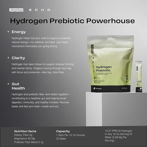 Echo Hydrogen Prebiotic Drink Mix - Digestive Health Supplement Packets - On-The-Go Portable Hydration Mix for Instant Hydrogen Water - Wellness & Energy Support Drink - Crisp Apple - 30 Count in Saudi Arabia