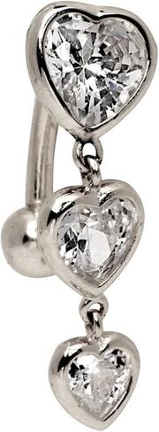 JewelryWeb الصلبة 14K الذهب الأصفر أو الأبيض متدرج القلب مكعب زركونيا أعلى جبل زر البطن حلقة متدلية (7 مم × 24 مم) in Kuwait