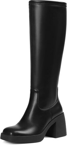 أحذية Tscoyuki السوداء للركبة عالية: أحذية الخريف من الجلد السويدي - أحذية طويلة بكعب منصة مكتنزة للنساء أحذية Gogo بكعب مربع من الأمام in Kuwait