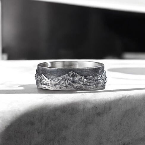 Mountain Range Band Ring For Men, 925 Sterling Silver Nature Inspired Vintage Mens Rings, Rustic Mens Wedding Band, Handmade Oxidized Silver Jewelry For Men, Unique Gifts for Him in Saudi Arabia