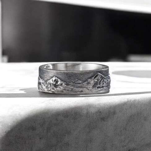 Mountain Range Band Ring For Men, 925 Sterling Silver Nature Inspired Vintage Mens Rings, Rustic Mens Wedding Band, Handmade Oxidized Silver Jewelry For Men, Unique Gifts for Him in Saudi Arabia