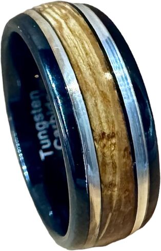 BW James Jewelers " The Ranger 8mm Water Resistant Black Tungsten Engagement Ring - Reclaimed Bourbon Barrel Wood Inlay Wedding Band With Real Sterling Silver Inlay And Comfort Fit Design Sizes 7-14 in Saudi Arabia