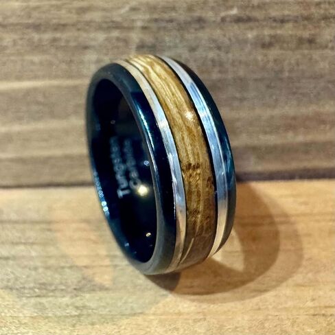 BW James Jewelers " The Ranger 8mm Water Resistant Black Tungsten Engagement Ring - Reclaimed Bourbon Barrel Wood Inlay Wedding Band With Real Sterling Silver Inlay And Comfort Fit Design Sizes 7-14 in Saudi Arabia