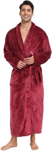 Mens Fleece Robe Soft Plush Collar Shawl Bathrobe Lightweight Long Bath Shower with Belt & 2 Pockets in Kuwait