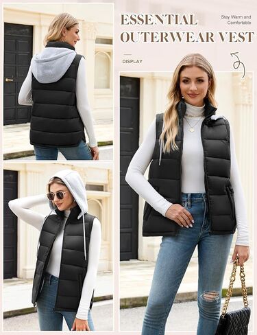Women's Puffer Vest Stand Collar Zip Up Quilted Vest With Detachable Hood Sleeveless Padded Jacket Coat in Saudi Arabia