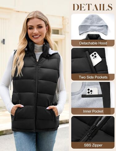 Women's Puffer Vest Stand Collar Zip Up Quilted Vest With Detachable Hood Sleeveless Padded Jacket Coat in Saudi Arabia