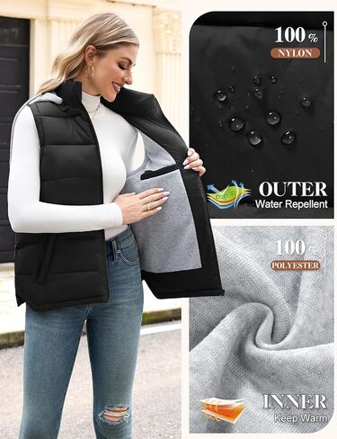 Women's Puffer Vest Stand Collar Zip Up Quilted Vest With Detachable Hood Sleeveless Padded Jacket Coat in Saudi Arabia