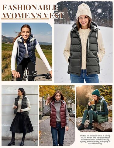 Women's Puffer Vest Stand Collar Zip Up Quilted Vest With Detachable Hood Sleeveless Padded Jacket Coat in Saudi Arabia