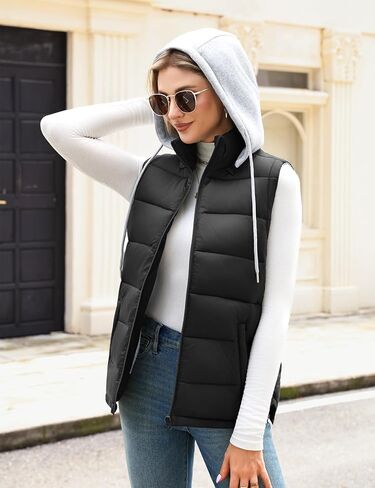 Women's Puffer Vest Stand Collar Zip Up Quilted Vest With Detachable Hood Sleeveless Padded Jacket Coat in Saudi Arabia
