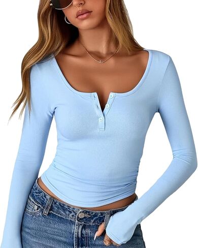 تي شيرت نسائي طويل الأكمام من Henley بأزرار سفلية ورقبة سكوب ومتماسك ومضلع ومتماسك للخريف والشتاء in Saudi Arabia