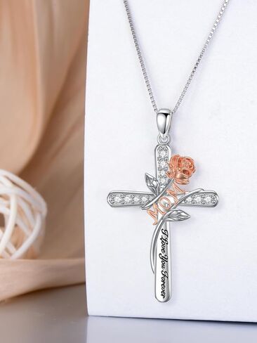 Rose Flower Love Necklaces Sterling Silver Cross Pendant Jewelry Gifts for Mom/Grandma/Nana/Love/Daughter I Love You Forever Necklaces in Saudi Arabia
