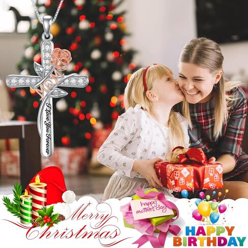 Rose Flower Love Necklaces Sterling Silver Cross Pendant Jewelry Gifts for Mom/Grandma/Nana/Love/Daughter I Love You Forever Necklaces in Saudi Arabia