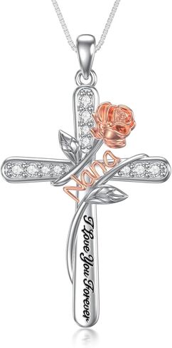 Rose Flower Love Necklaces Sterling Silver Cross Pendant Jewelry Gifts for Mom/Grandma/Nana/Love/Daughter I Love You Forever Necklaces in Saudi Arabia