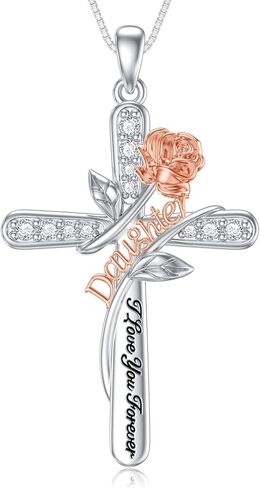 Rose Flower Love Necklaces Sterling Silver Cross Pendant Jewelry Gifts for Mom/Grandma/Nana/Love/Daughter I Love You Forever Necklaces in Saudi Arabia