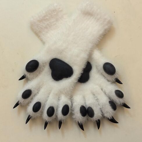 قفازات Fursuit Cosplay Paw، باللونين الأبيض والأسود، وسادات سوداء، فرو صناعي قطيفة، مقاس عالمي in Kuwait