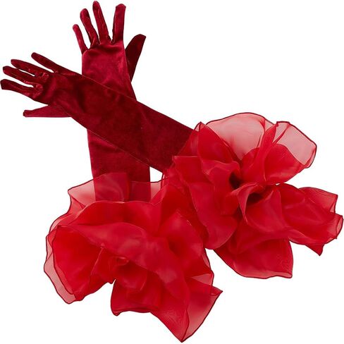 Dark Red Opera Party Gloves Long Vintage Soft Satin Velvet Costume Formal with Polyester Ruffle Tulle Cuff Elbow Length Arm Sleeves Glove for Women Prom Banquet Dancing Dress Gift in Saudi Arabia