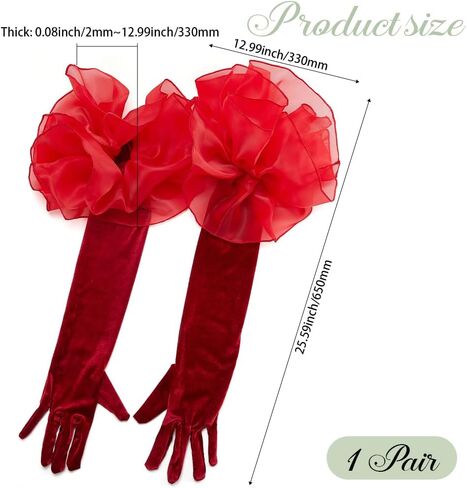 Dark Red Opera Party Gloves Long Vintage Soft Satin Velvet Costume Formal with Polyester Ruffle Tulle Cuff Elbow Length Arm Sleeves Glove for Women Prom Banquet Dancing Dress Gift in Saudi Arabia