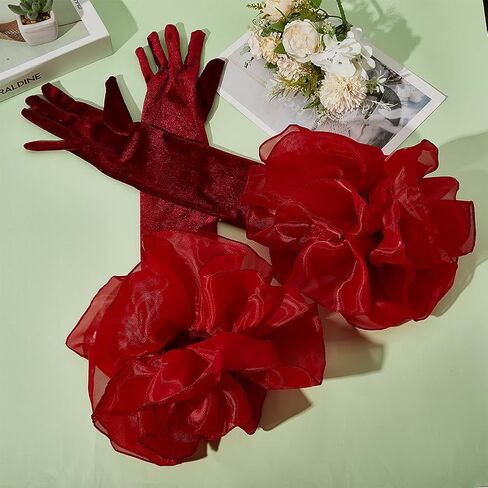 Dark Red Opera Party Gloves Long Vintage Soft Satin Velvet Costume Formal with Polyester Ruffle Tulle Cuff Elbow Length Arm Sleeves Glove for Women Prom Banquet Dancing Dress Gift in Saudi Arabia