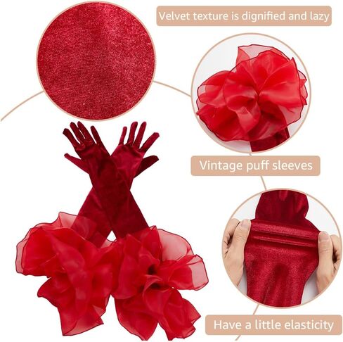 Dark Red Opera Party Gloves Long Vintage Soft Satin Velvet Costume Formal with Polyester Ruffle Tulle Cuff Elbow Length Arm Sleeves Glove for Women Prom Banquet Dancing Dress Gift in Saudi Arabia