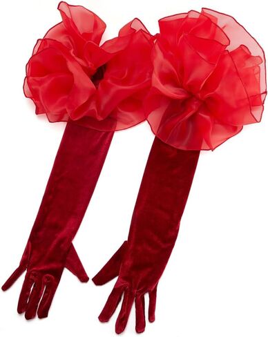 Dark Red Opera Party Gloves Long Vintage Soft Satin Velvet Costume Formal with Polyester Ruffle Tulle Cuff Elbow Length Arm Sleeves Glove for Women Prom Banquet Dancing Dress Gift in Saudi Arabia