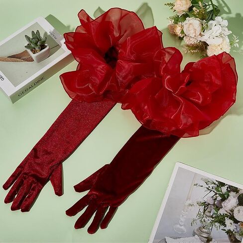 Dark Red Opera Party Gloves Long Vintage Soft Satin Velvet Costume Formal with Polyester Ruffle Tulle Cuff Elbow Length Arm Sleeves Glove for Women Prom Banquet Dancing Dress Gift in Saudi Arabia