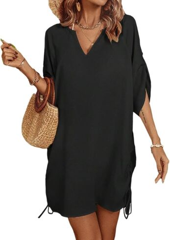 Women Swimsuit Cover Up Drawstring Side Roll Up Sleeve Cover Up Dress,Summer Beach in Saudi Arabia