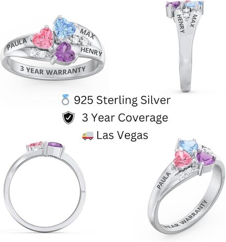 PaulaMax Jewelry Mothers Ring with 3 Birthstones 3 Names Engraved, Sterling Silver or White Gold, Customized Personalized Ring for Women, Sizes 5-12 in Kuwait