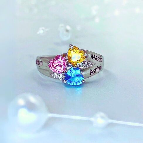 PaulaMax Jewelry Mothers Ring with 3 Birthstones 3 Names Engraved, Sterling Silver or White Gold, Customized Personalized Ring for Women, Sizes 5-12 in Kuwait