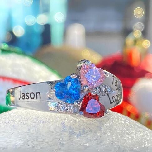 PaulaMax Jewelry Mothers Ring with 3 Birthstones 3 Names Engraved, Sterling Silver or White Gold, Customized Personalized Ring for Women, Sizes 5-12 in Kuwait