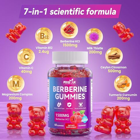 Berberine Gummies 1500mg – High Potency Berberine Supplement with Ceylon Cinnamon and Milk Thistle – Supports Glucose Metabolism & Natural Liver Function – Vegan, Sugar-Free, Non-GMO – 60 Count in Saudi Arabia