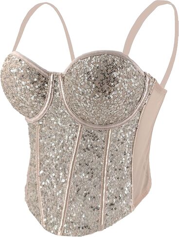 ELLACCI Women's Sexy Sequin Sheer Mesh Bustier Corset Tops Khaki in Saudi Arabia