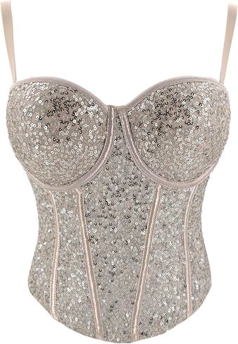 ELLACCI Women's Sexy Sequin Sheer Mesh Bustier Corset Tops Khaki in Saudi Arabia